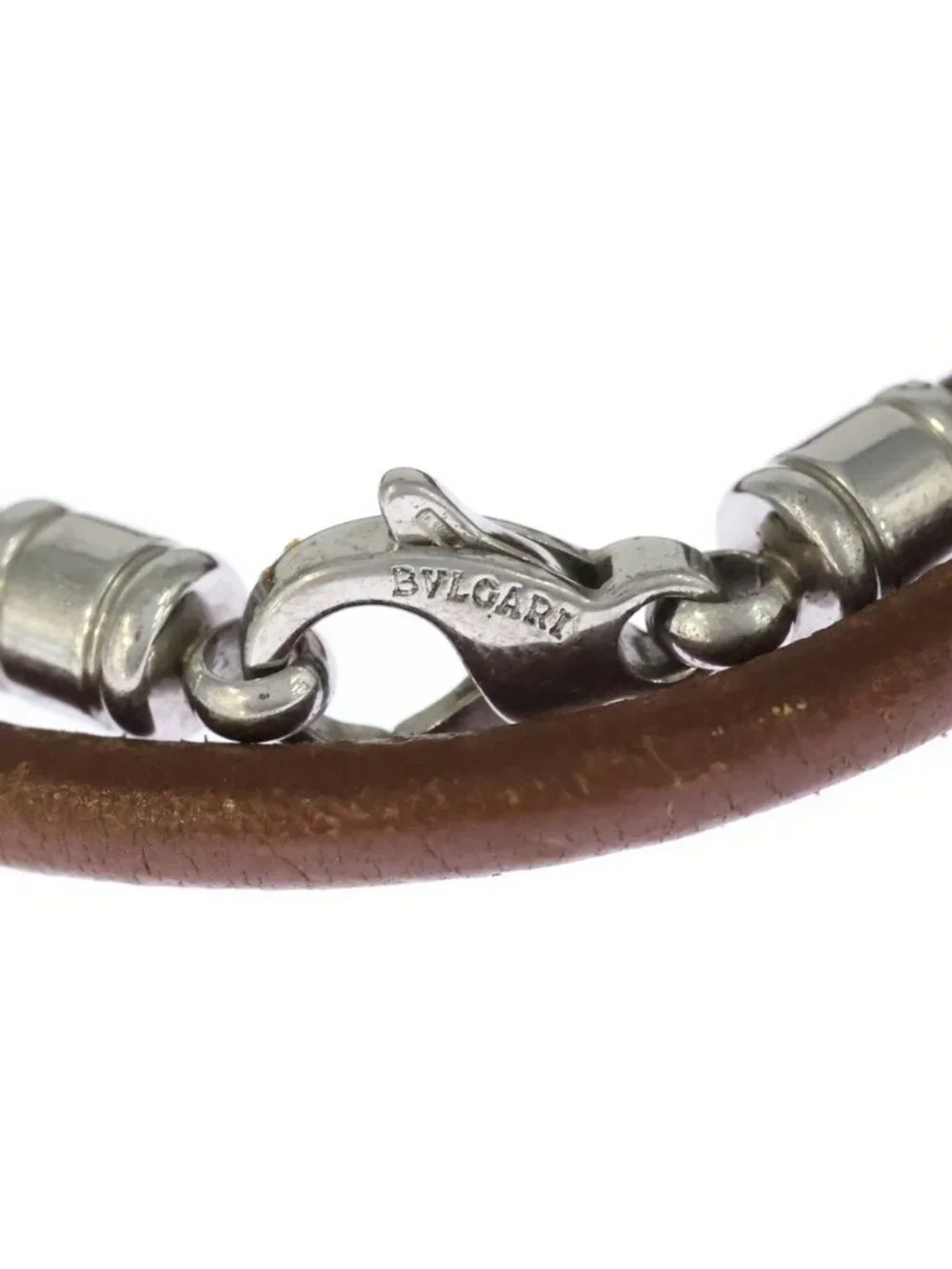 Bvlgari Bulgari Double Strand Silver Leather Choker Bracelet Brown